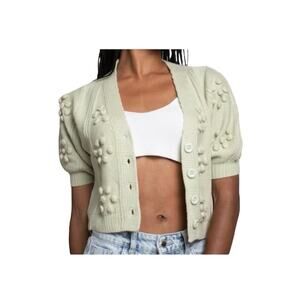 Bohme Light Green Pale Green Pom Pom Crop Cardigan Sweater Size Small
